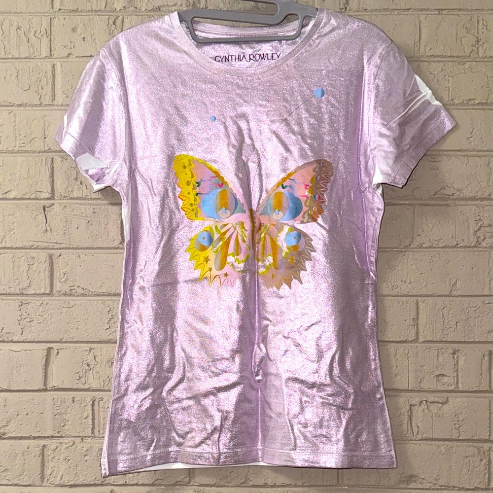 Cynthia Rowley Shimmer Butterfly Graphic T-Shirt. Iridescent metallic pink. M.